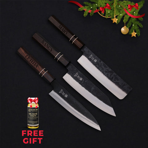 Personalized | Daily Cut Japanese Trio – Blue Steel Blades, Ebony Wood Handles (Bunka, Nakiri, Santoku) Free Gift