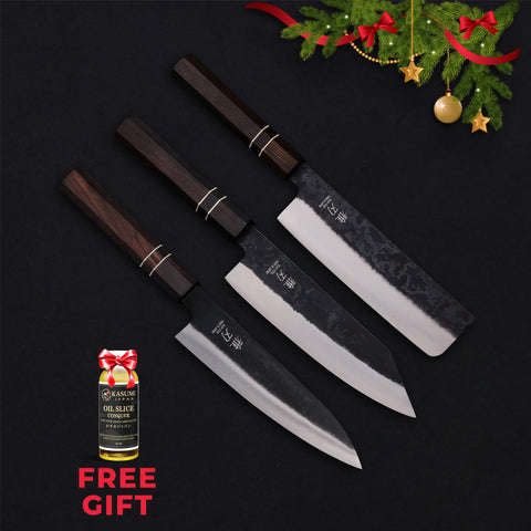Daily Cut Japanese Trio – Blue Steel Blades, Ebony Wood Handles (Bunka, Nakiri, Santoku) Free Gift