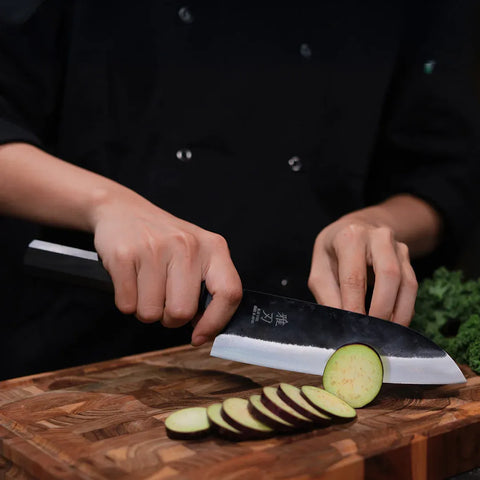 Essential Japanese Knife Set – Blue Steel Blades, Ebony Wood Handles (Santoku, Nakiri, Petty)