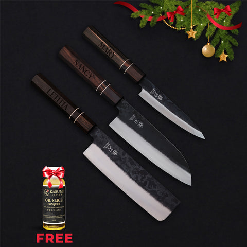 Personalized | Essential Japanese Knife Set – Blue Steel Blades, Ebony Wood Handles (Santoku, Nakiri, Petty) Free gift