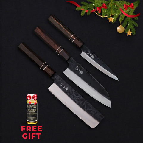 Essential Japanese Knife Set – Blue Steel Blades, Ebony Wood Handles (Santoku, Nakiri, Petty) Free gift