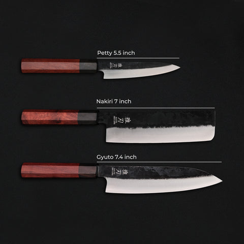 Family Prep Trio 3-Piece Knife Set - Red Ebony Blue Steel Series (Gyuto, Nakiri, Petty)