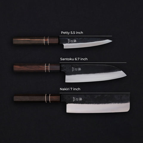 Essential Japanese Knife Set – Blue Steel Blades, Ebony Wood Handles (Santoku, Nakiri, Petty)