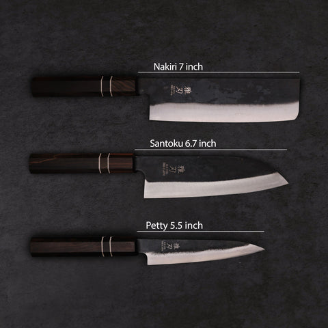 Essential Japanese Knife Set – Blue Steel Blades, Ebony Wood Handles (Santoku, Nakiri, Petty) Custom