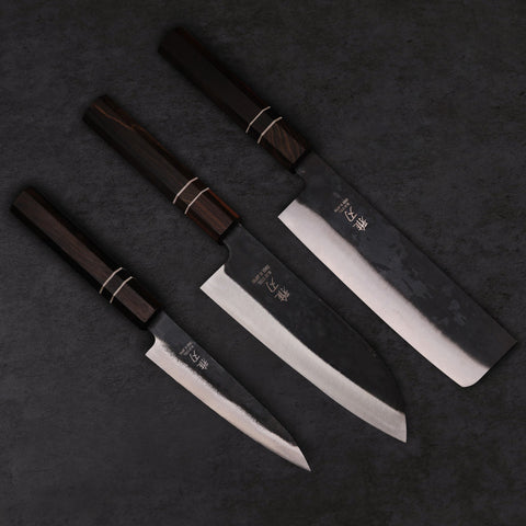 Essential Japanese Knife Set – Blue Steel Blades, Ebony Wood Handles (Santoku, Nakiri, Petty) Custom