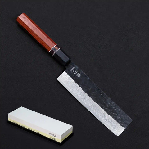 Nakiri Aogami Damascus Red Ebony Wood Handle + Whetstone