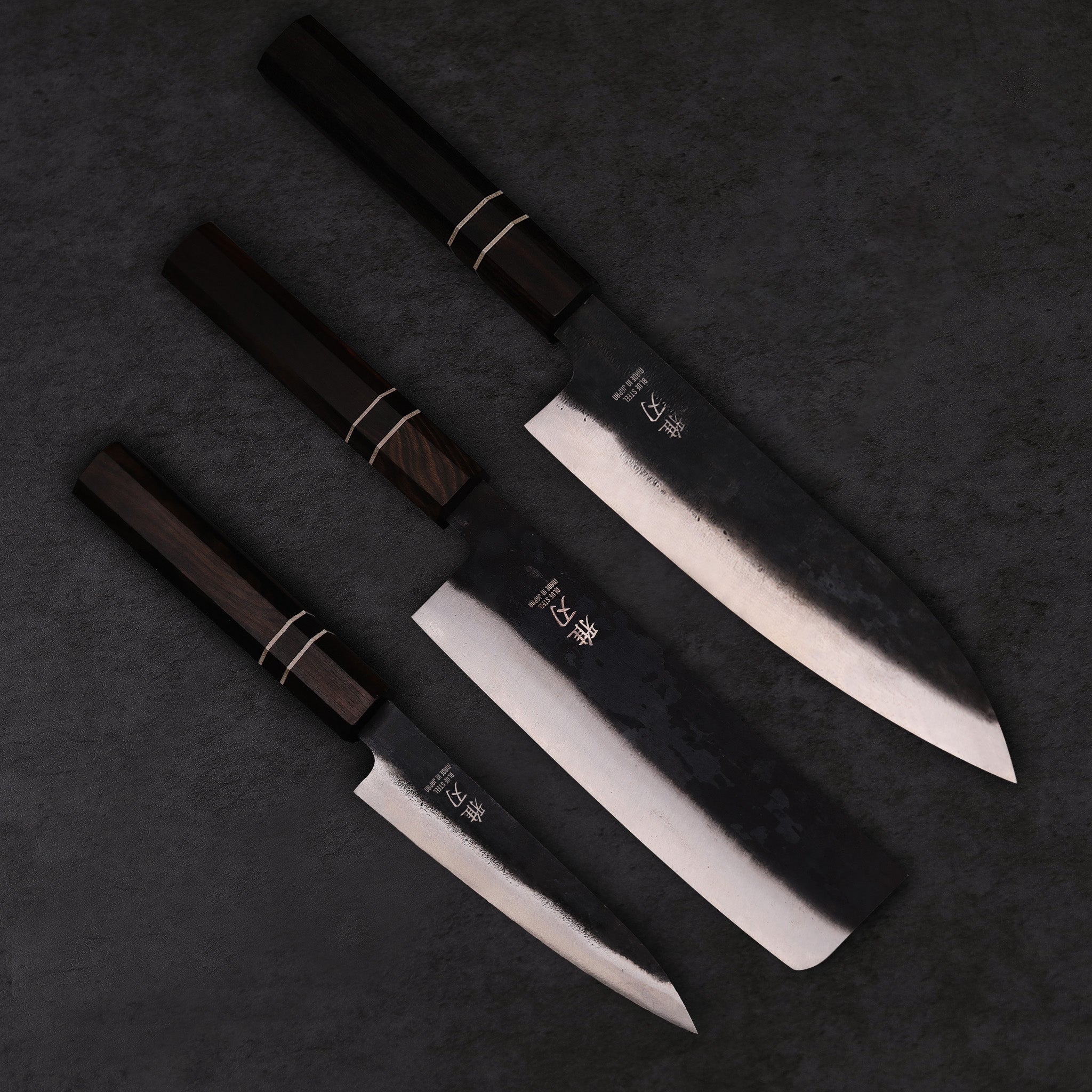 Precision Black Japanese Knife Set – Blue Steel Blades, Ebony Wood Han