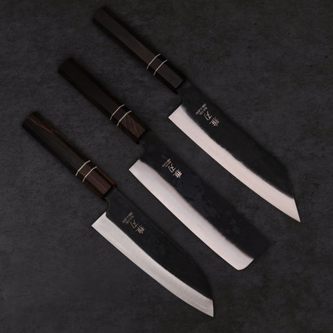 Daily Cut Japanese Trio – Blue Steel Blades, Ebony Wood Handles (Bunka, Nakiri, Santoku) Custom