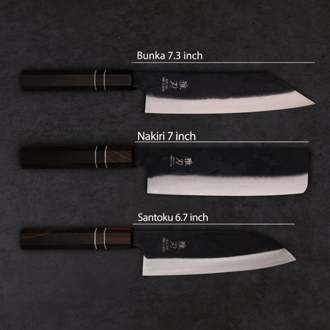 Daily Cut Japanese Trio – Blue Steel Blades, Ebony Wood Handles (Bunka, Nakiri, Santoku) Custom