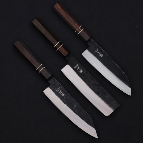 Daily Cut Japanese Trio – Blue Steel Blades, Ebony Wood Handles (Bunka, Nakiri, Santoku)