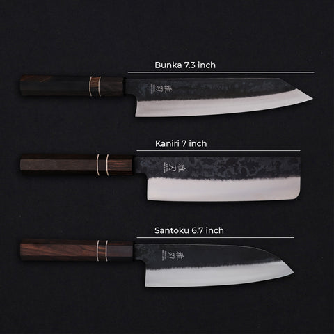 Daily Cut Japanese Trio – Blue Steel Blades, Ebony Wood Handles (Bunka, Nakiri, Santoku)