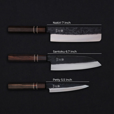 Essential Japanese Knife Set – Blue Steel Blades, Ebony Wood Handles (Santoku, Nakiri, Petty)