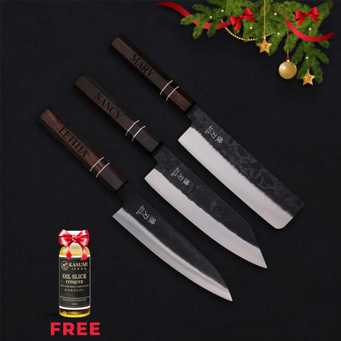 Personalized | Daily Cut Japanese Trio – Blue Steel Blades, Ebony Wood Handles (Bunka, Nakiri, Santoku) Free Gift