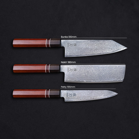 Master Set - Red Ebony Damascus Series (Bunka, Nakiri, Petty)