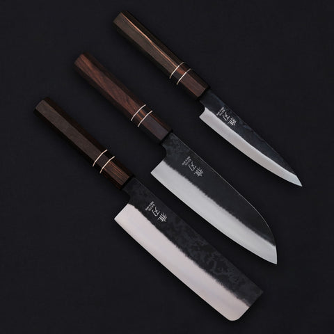 Essential Japanese Knife Set – Blue Steel Blades, Ebony Wood Handles (Santoku, Nakiri, Petty)