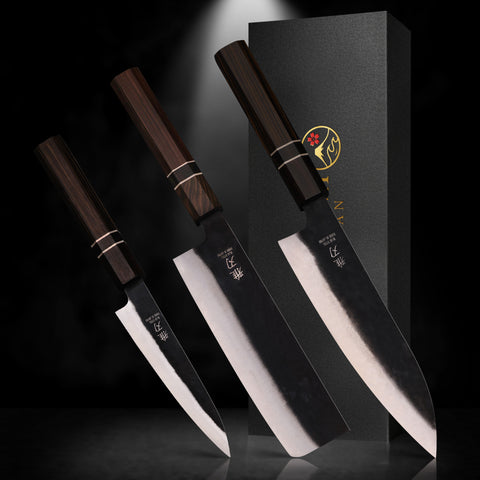 Precision Black Japanese Knife Set – Blue Steel Blades, Ebony Wood Handles (Gyuto, Nakiri, Petty) Custom
