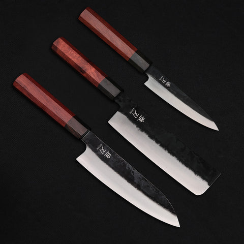 Family Prep Trio 3-Piece Knife Set - Red Ebony Blue Steel Series (Gyuto, Nakiri, Petty)