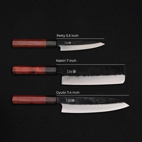 Family Prep Trio 3-Piece Knife Set - Red Ebony Blue Steel Series (Gyuto, Nakiri, Petty)