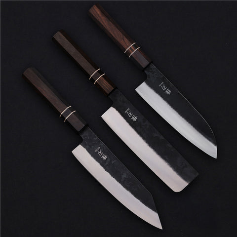 Daily Cut Japanese Trio – Blue Steel Blades, Ebony Wood Handles (Bunka, Nakiri, Santoku)