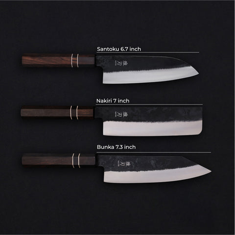 Daily Cut Japanese Trio – Blue Steel Blades, Ebony Wood Handles (Bunka, Nakiri, Santoku)