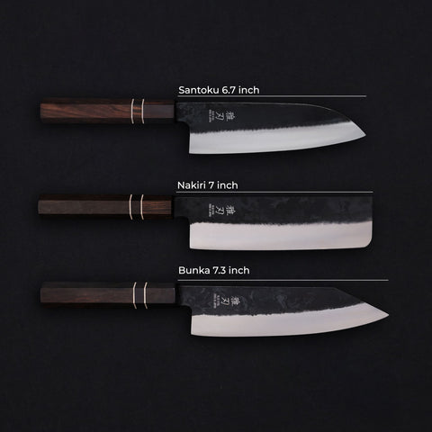 Daily Cut Japanese Trio – Blue Steel Blades, Ebony Wood Handles (Bunka, Nakiri, Santoku) Custom
