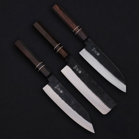 Daily Cut Japanese Trio – Blue Steel Blades, Ebony Wood Handles (Bunka, Nakiri, Santoku) Custom